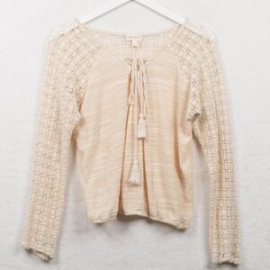 MEADOW RUE Anthropologie Crochet Lace Tie Neck Pullover Top Cream Womens Sz S
